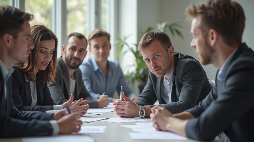 Team van drie personen in brainstormsessie, actief luisterend en notities makend