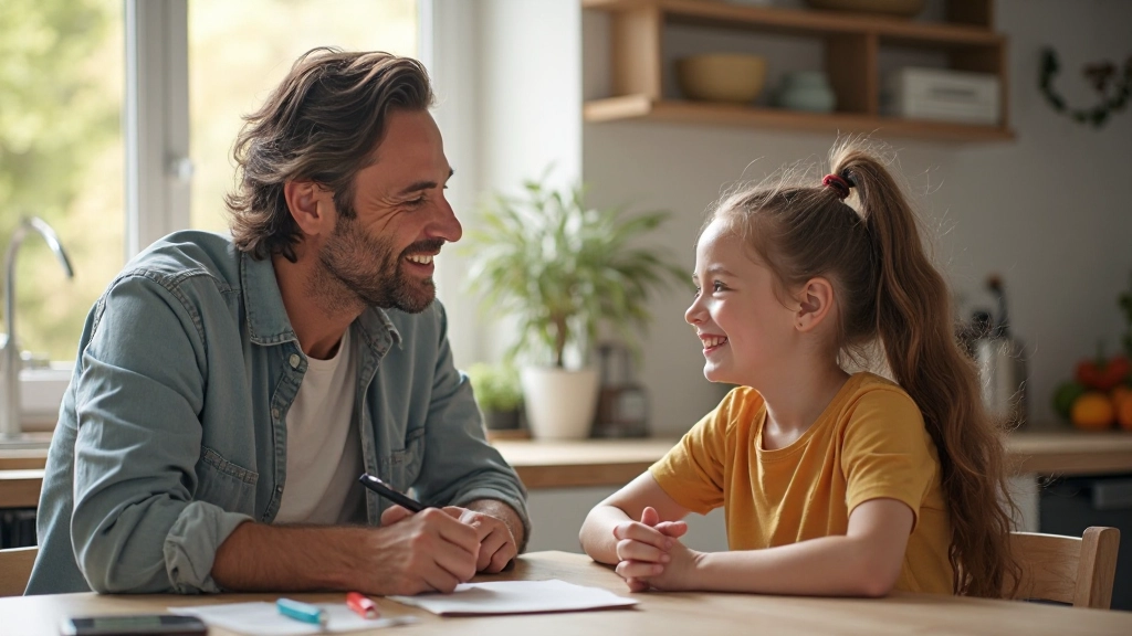 Vader en dochter in een warm gesprek aan de keukentafel, beiden glimlachend en goed luisterend