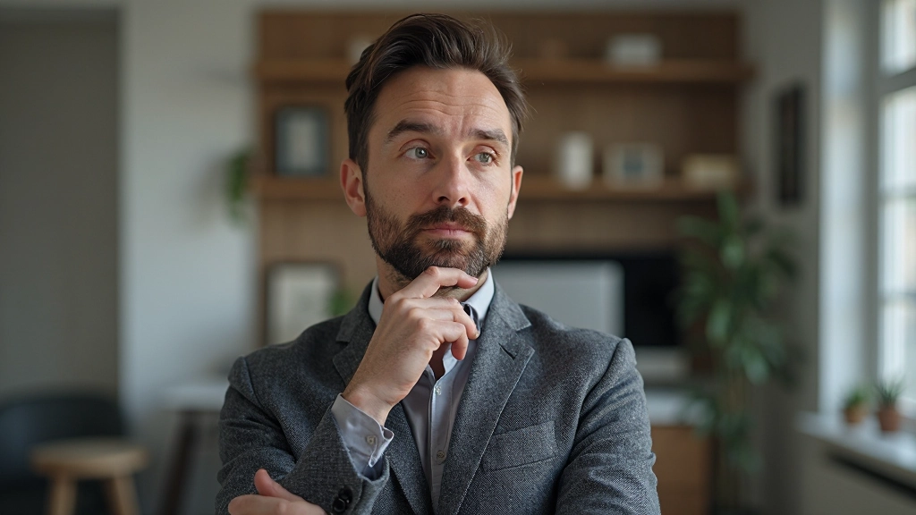 Persoon die nadenkt met hand aan kin, omgeven door gedachten over drukke planning en stress