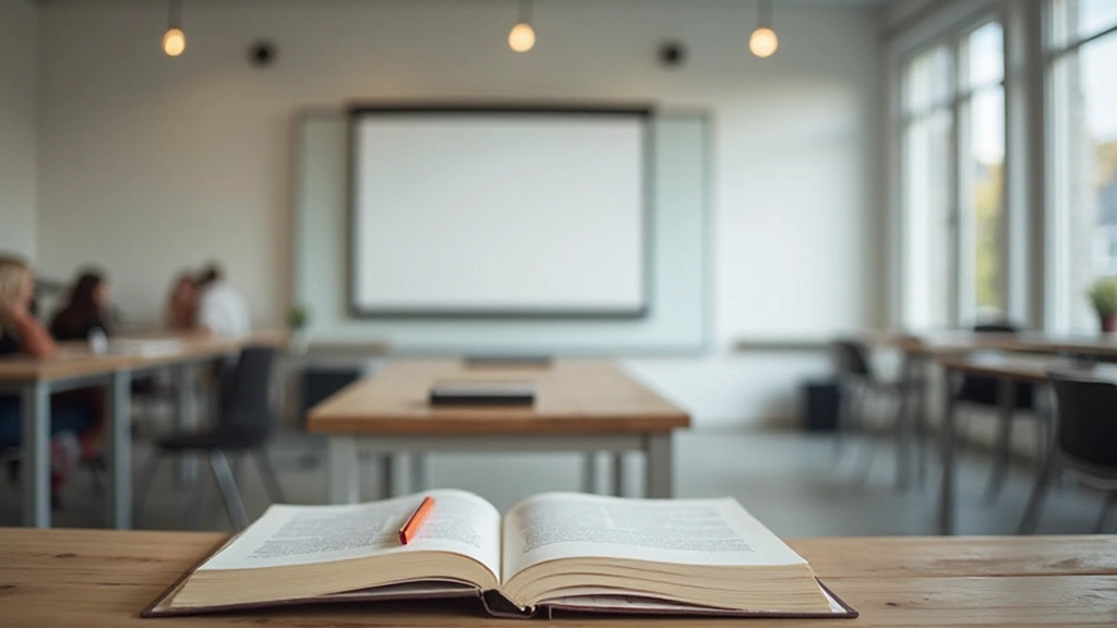 Moderne trainingsruimte met interactieve whiteboard en geopende boeken op een houten tafel