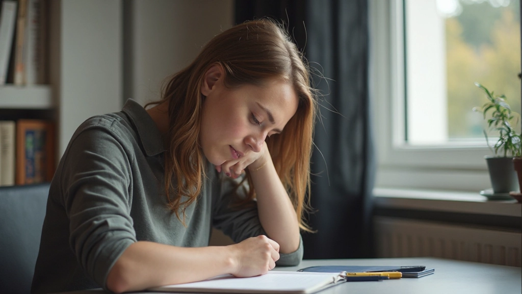 Individu in reflectief moment, notitieblok en denkproces visualisatie
