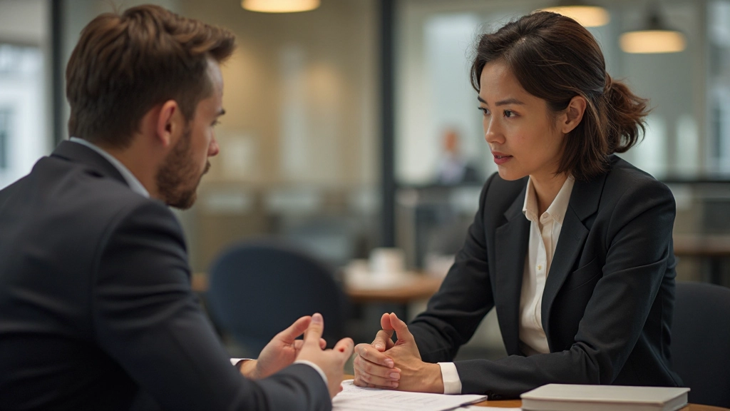 Twee personen die een serieus gesprek voeren in een modern kantooromgeving
