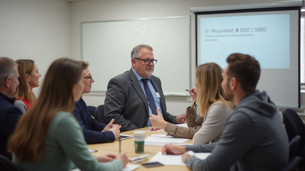 Workshop deelnemers in discussie met facilitator, notities makend